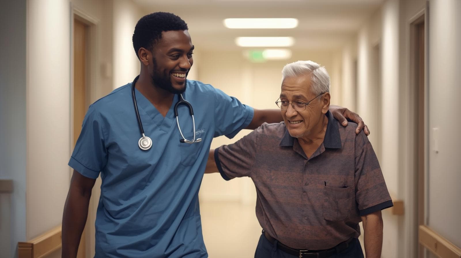 A caregiver walking supportively with an older man in a bright care facility hallway