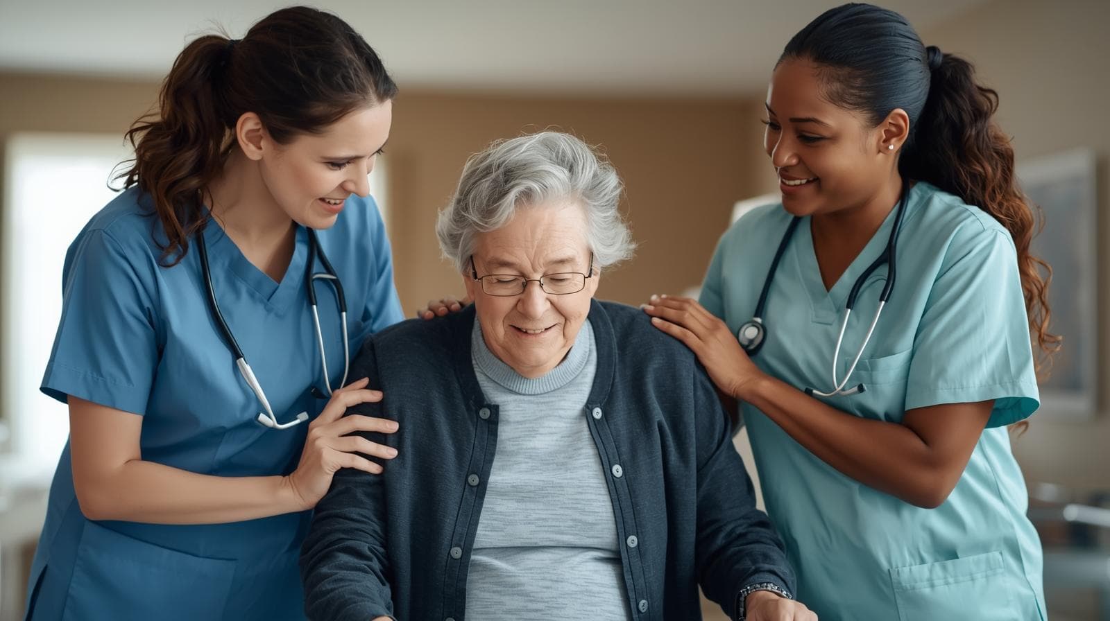 Care professionals supporting an older service user with warmth and attention
