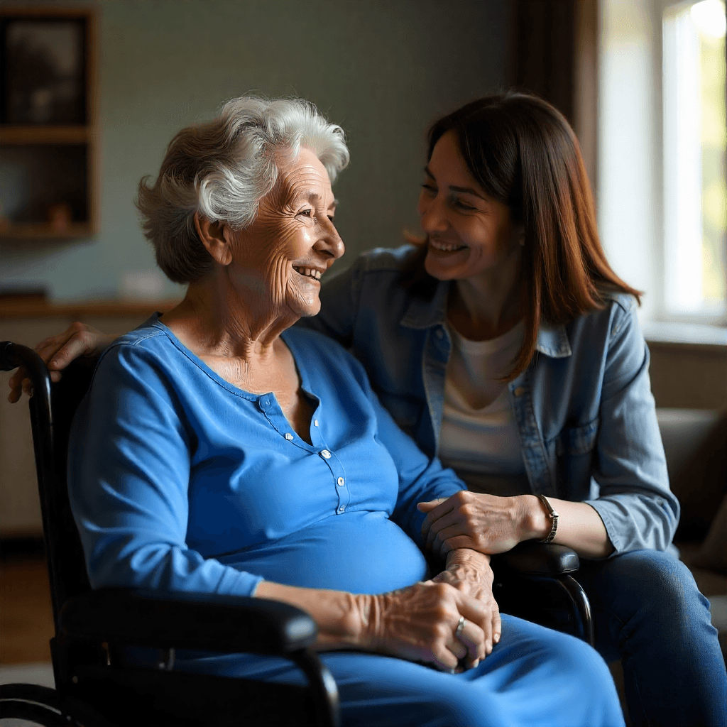 A caregiver sharing a joyful moment with an older woman