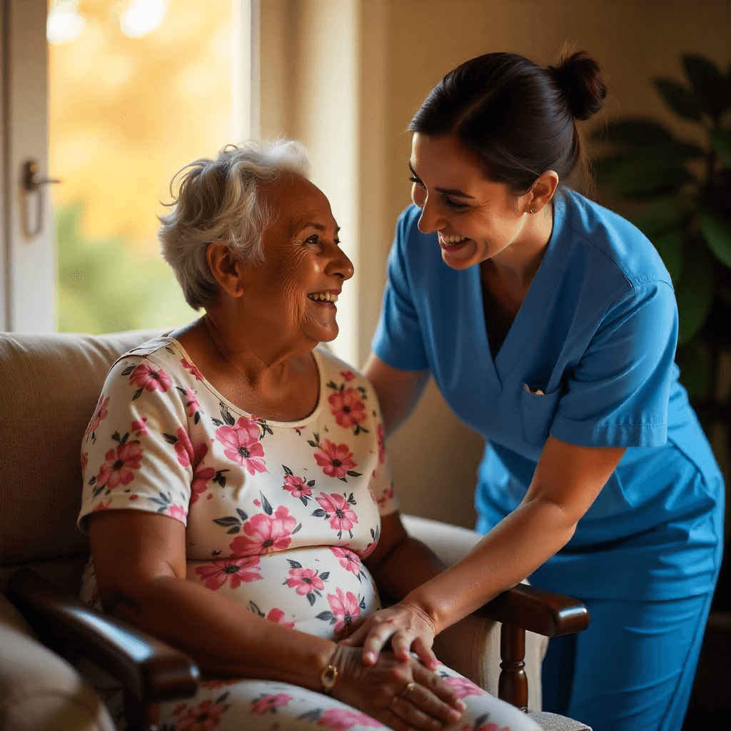 A caregiver holding an older woman's hand with care